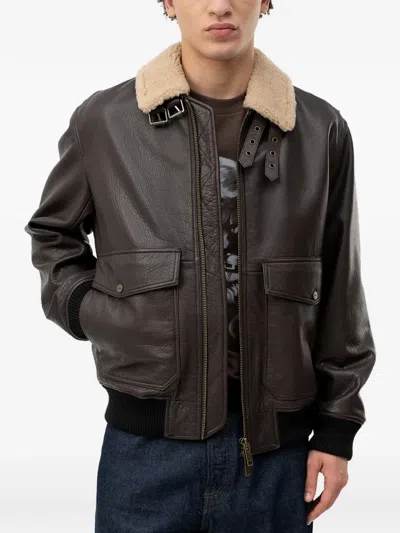 Hugo Boss Shearling-collar Leather Jacket In Brown