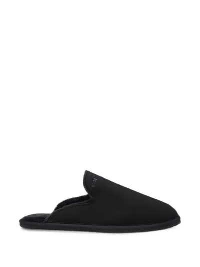 Hugo Boss Shearling-lined Slip-on Slippers With Logo Detail In Black