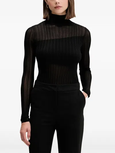 Hugo Boss Sheer Ribbed Top In Black