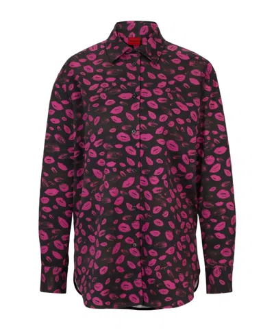 Hugo Boss Shirt With Lipprint On Black Base In Purple