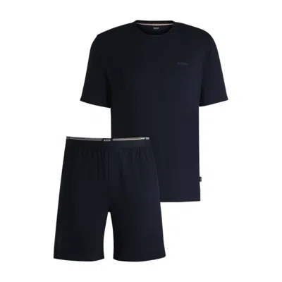 Hugo Boss Short Jersey Pajama Set With Embroidered Branding In Blue