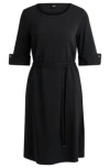 Hugo Boss Short-sleeved Dress In Stretch Material With Tie Belt In Black