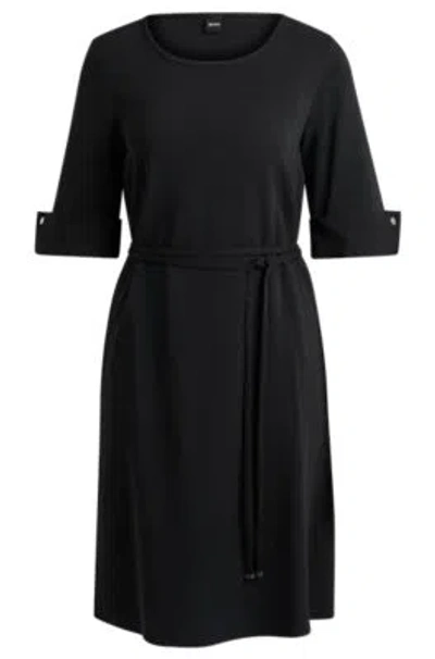 Hugo Boss Short-sleeved Dress In Stretch Material With Tie Belt In Black