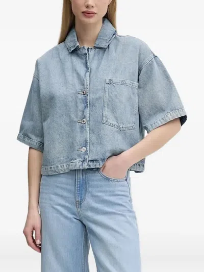 Hugo Boss Short-sleeved Pocketed Denim Shirt In Blue