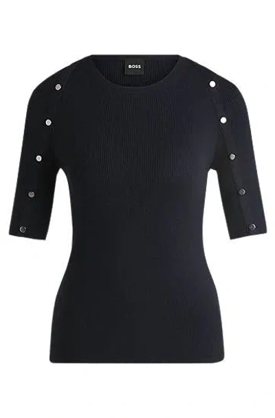 Hugo Boss Short-sleeved Sweater In Stretch Fabric With Hardware Details In Black