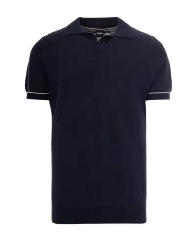 Hugo Boss Short-sleeve Knitted Polo With Classic Collar And Stripe Detail In Blue