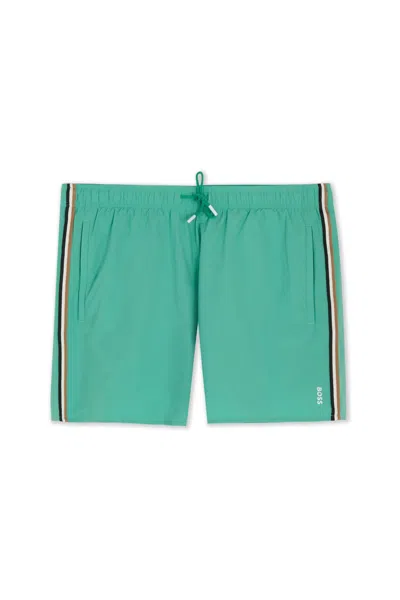 Hugo Boss Signature Stripe Drawstring Swim Shorts In Green