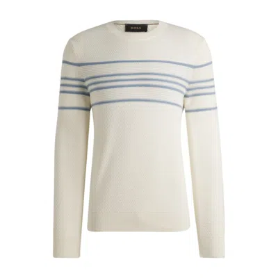 Hugo Boss Silk-cotton Sweater With Knitted Stripes In White
