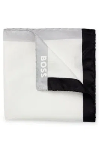 Hugo Boss Silk Pocket Square With Branding And Printed Border In White