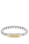 HUGO BOSS SILVER-TONE BOX-CHAIN CUFF WITH GOLDEN LOGO PLATE MEN'S JEWELLERY SIZE S