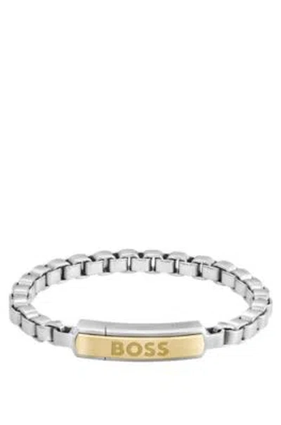 Hugo Boss Silver-tone Box-chain Cuff With Golden Logo Plate Men's Jewellery Size S In Metallic