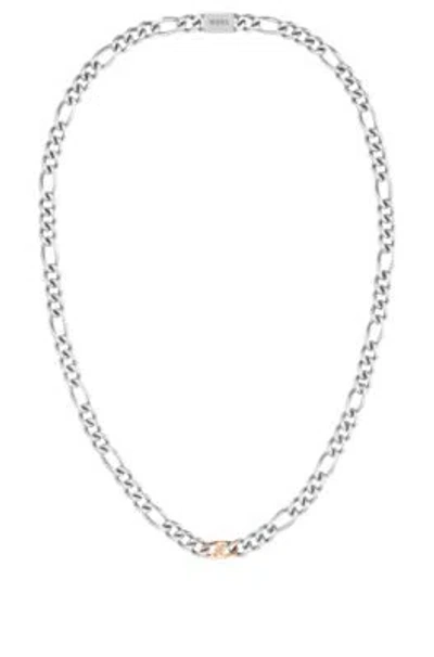 Hugo Boss Silver-tone Figaro-chain Necklace With Branded Link Men's Jewellery In Metallic
