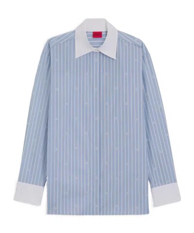 Hugo Boss Womens Open Miscellaneous Oversized-fit Stacked-logo Cotton-poplin Blouse In Blue