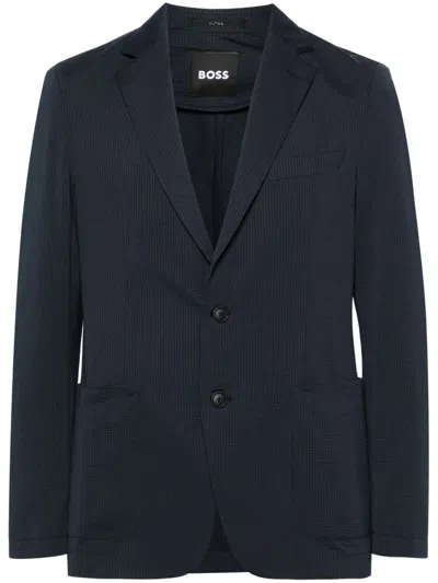 Hugo Boss Single-breasted Seersucker Blazer In Blue