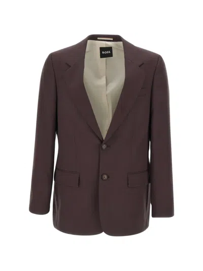 Hugo Boss Single-breasted Twill Blazer In Brown