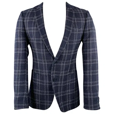 Pre-owned Hugo Boss Size 40 Navy White Plaid Virgin Wool Blend Sport Coat