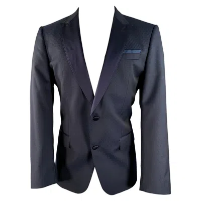 Pre-owned Hugo Boss Size 42 Long Navy Blue Dots Virgin Wool Peak Lapel Sport Coat