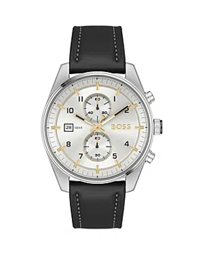 Hugo Boss Men's Skytraveller Quartz Fashion Chrono Black Leather Watch 44mm In Silver/black