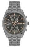 Hugo Boss Men's Skytraveller Quartz Fashion Chrono Ionic Plated Gray Steel Watch 44mm In Gray