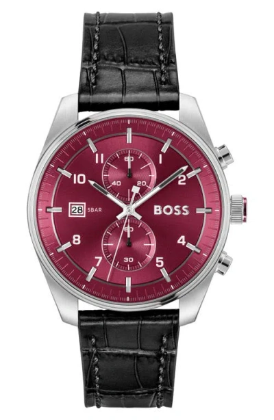 Hugo Boss Men's Sky Traveler Quartz Fashion Chrono Black Croc Leather Watch 44mm In Black/red