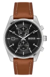 Hugo Boss Men's Skytraveller Quartz Fashion Chrono Brown Leather Watch 44mm In Black
