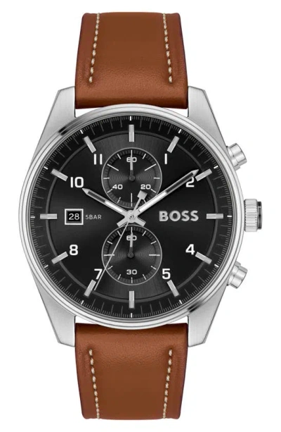 HUGO BOSS SKYTRAVELLER CHRONOGRAPH LEATHER STRAP WATCH, 41MM