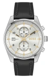 HUGO BOSS SKYTRAVELLER CHRONOGRAPH LEATHER STRAP WATCH, 44MM