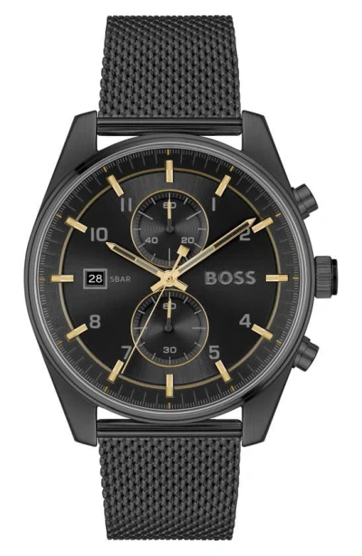 Hugo Boss Boss Skytraveller Chronograph Mesh Strap Watch, 44mm In Black