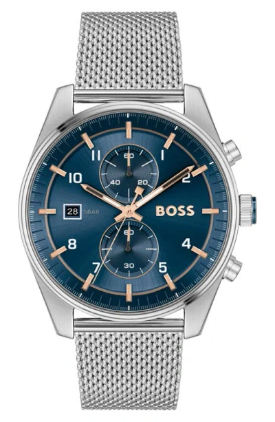 Hugo Boss Men's Skytraveller Quartz Fashion Chrono Silver-tone Stainless Steel Watch 44mm In Blue