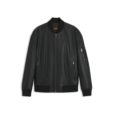 Hugo Boss Sleeve-pocket Bomber Jacket In Leather In Black