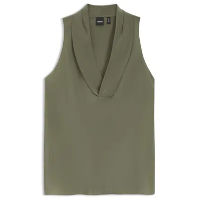 Hugo Boss Sleeveless Blouse In Sandwashed Silk With V Neckline In Green