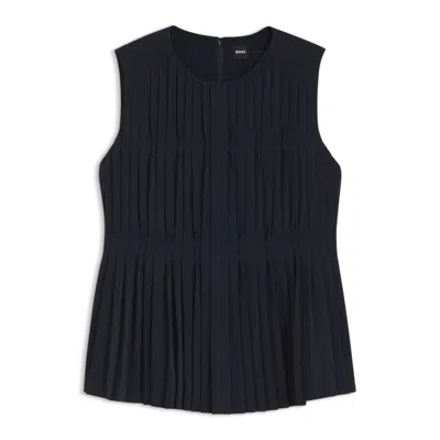 Hugo Boss Sleeveless Crepe Blouse With Pleats In Blue