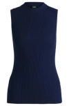 Hugo Boss Sleeveless Mock-neck Top In Ribbed Fabric In Deep Cove