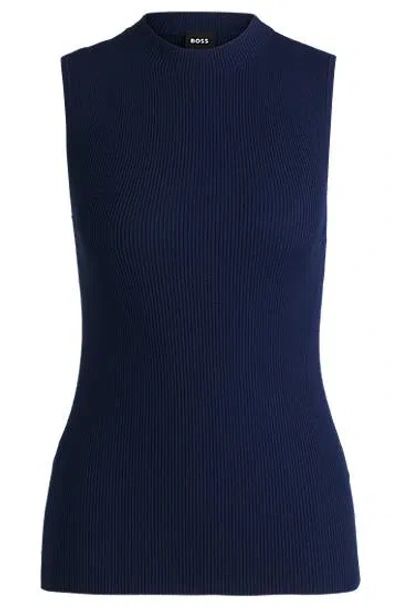 Hugo Boss Sleeveless Mock-neck Top In Ribbed Fabric In Deep Cove