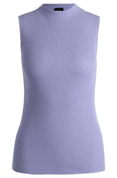 Hugo Boss Sleeveless Mock-neck Top In Ribbed Fabric In Purple