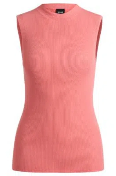 Hugo Boss Sleeveless Mock-neck Top With Ribbed Structure In Open Pink