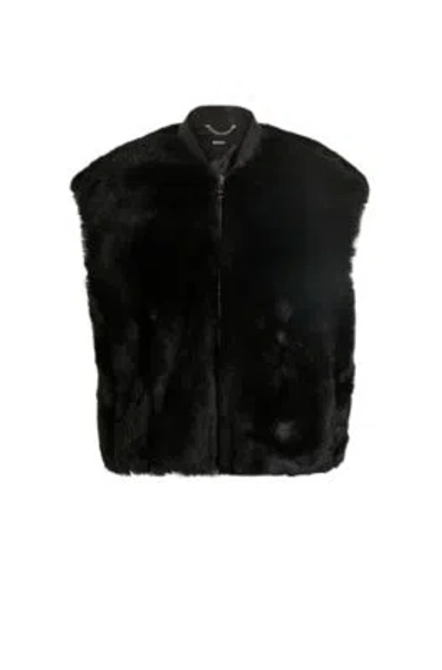 Hugo Boss Sleeveless Shearling Jacket With Leather Trims In Black