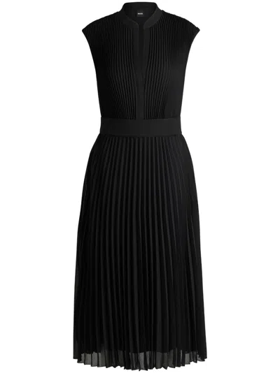 Hugo Boss Pliss-crepe Dress With Notch Neckline In Black