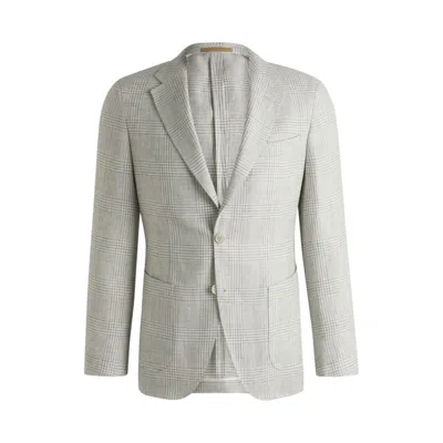 Hugo Boss Slim-fit Blazer In Checked Linen And Wool In Grey