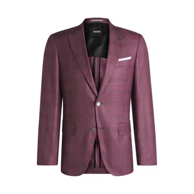 Hugo Boss Slim-fit Blazer In Checked Virgin Wool, Silk And Linen In Purple