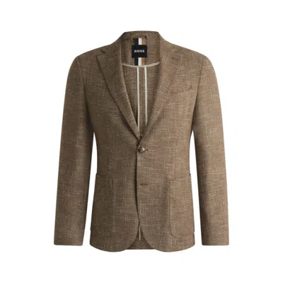Hugo Boss Slim-fit Blazer In Micro-patterned Stretch Tweed In Brown