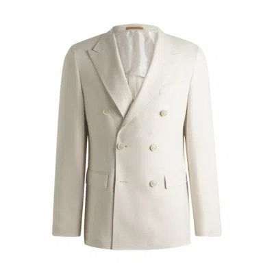 Hugo Boss Slim-fit Blazer In Patterned Silk And Cashmere In White