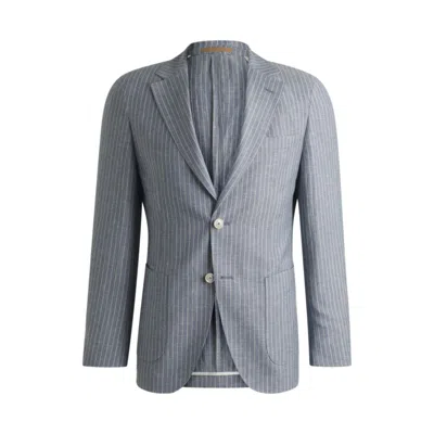 Hugo Boss Slim-fit Blazer In Striped Wool And Linen In Blue