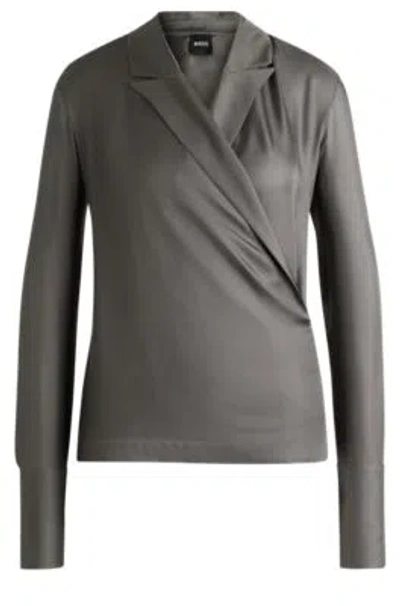 Hugo Boss Slim-fit Blouse In Silk With Wrap Front In Light Grey