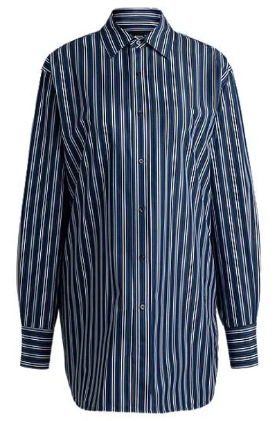 Hugo Boss Slim-fit Blouse In Striped Cotton With Monogram In Blue
