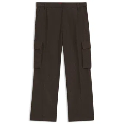 Hugo Boss Slim-fit Cargo Trousers In Herringbone Fabric In Brown