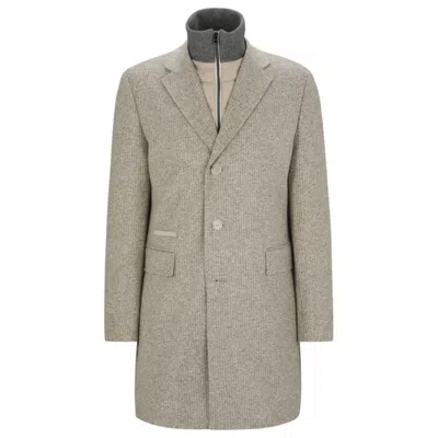 Hugo Boss Slim-fit Coat In Wool Blend With Zip-up Inner In White