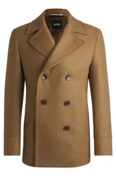 Hugo Boss Slim-fit Double-breasted Short Coat In Wool In Beige