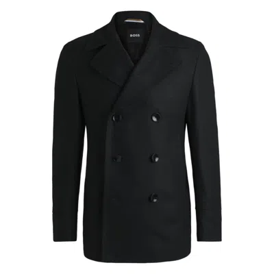Hugo Boss Slim-fit Double-breasted Short Coat In Wool In Black