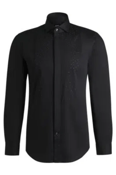 Hugo Boss Slim-fit Evening Shirt With Embellished Bib In Black